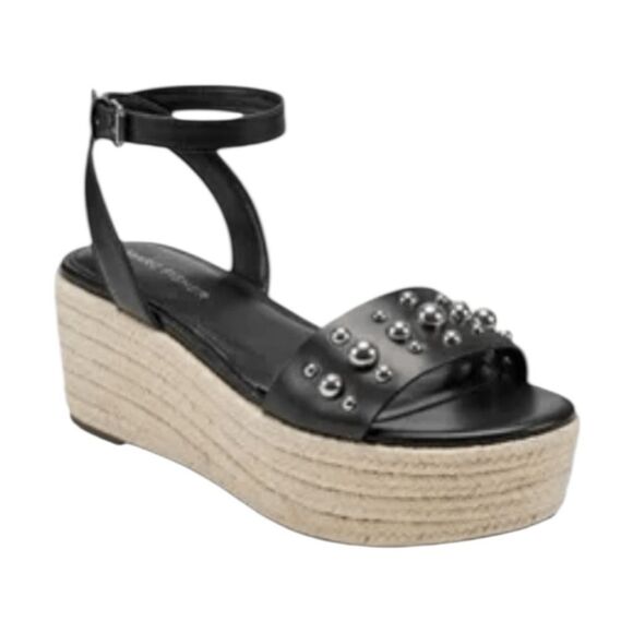 Marc Fisher Sandal Black Silver Stud Joyce Espadrille Platform Shoes Ankle Strap - Picture 1 of 10